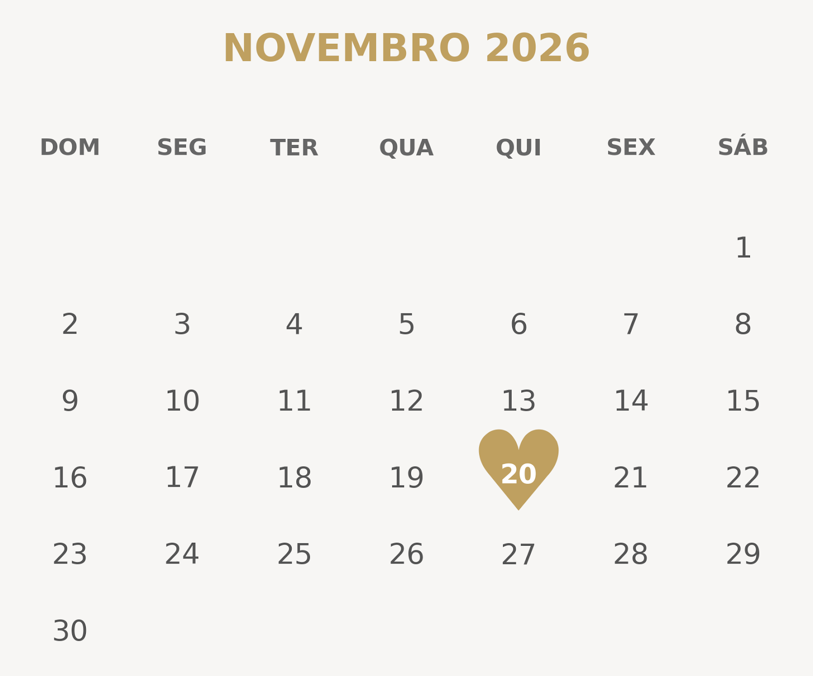 Calendário de Novembro de 2026 destacando o dia 20